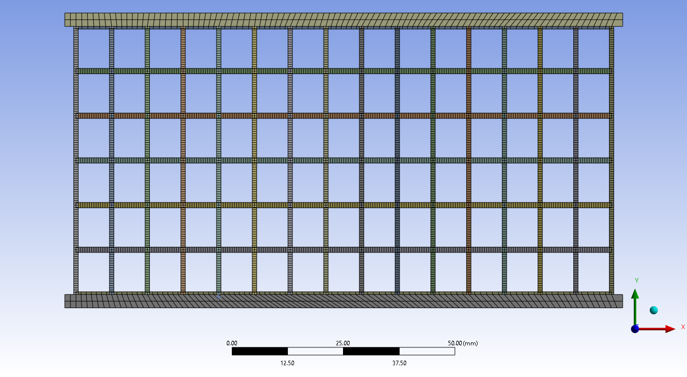 This finite element analysis (FEA) mesh illustrates the square lattice structure used to reduce mass while maintaining structural integrity and load distribution.