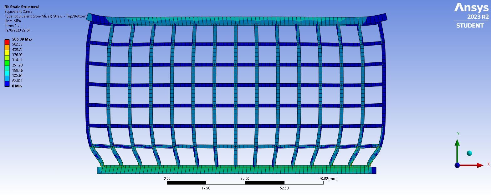 Von Mises Stress Distribution: FEA simulation displaying stress concentration zones across the square lattice cell struts under peak load.