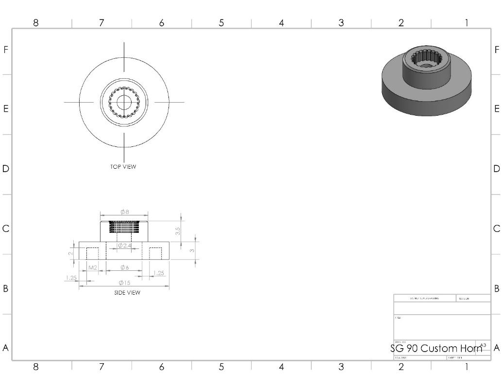 Technical CAD blueprint of the custom servo horn designed for camera rotation.