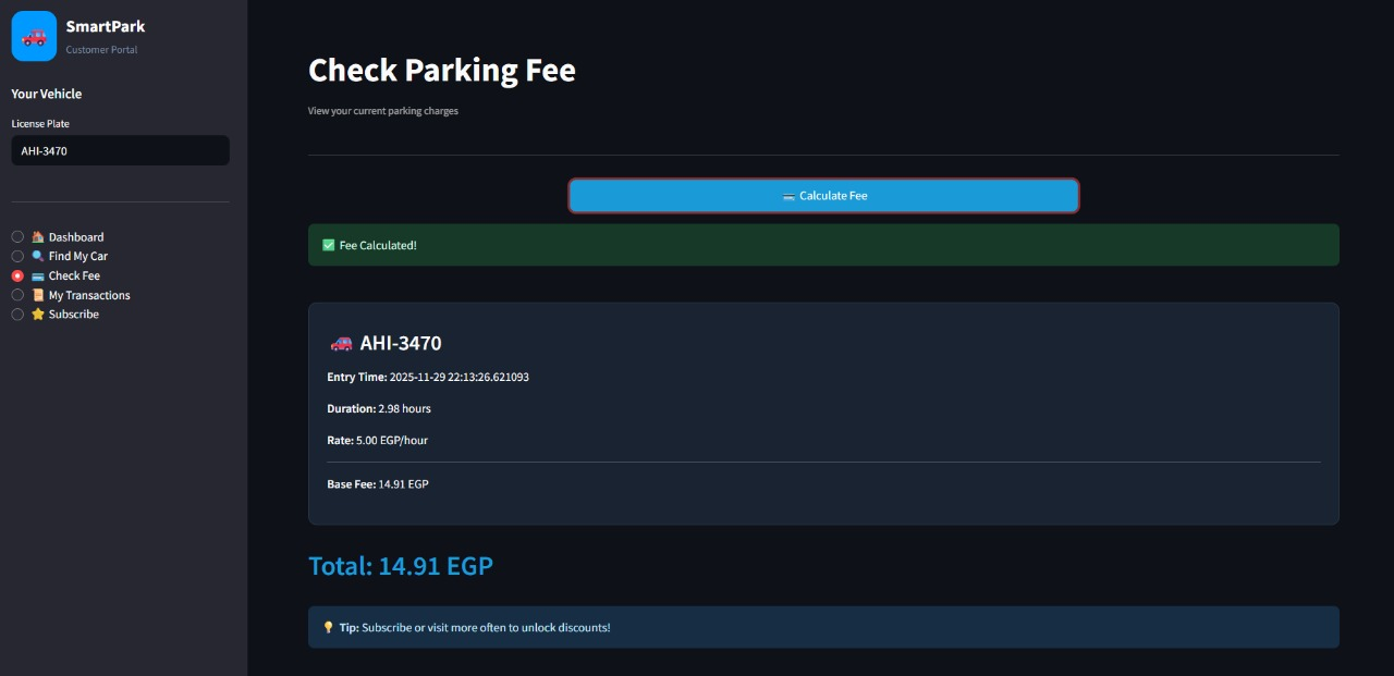 Automated exit fee calculation display.