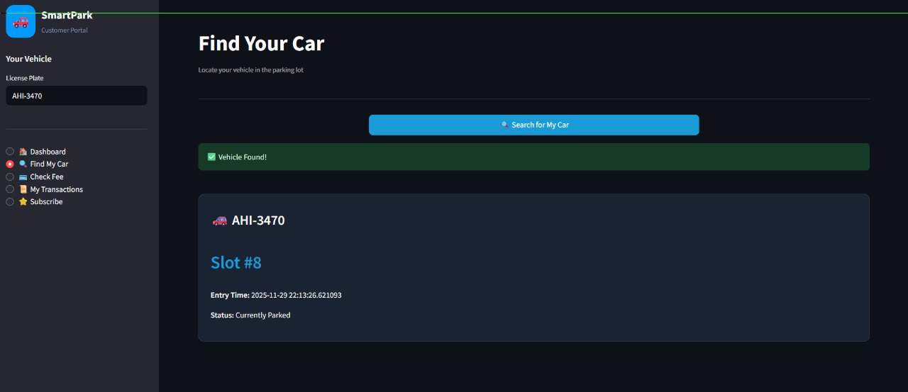 Find Your Car interface displaying assigned slot number and telemetry.