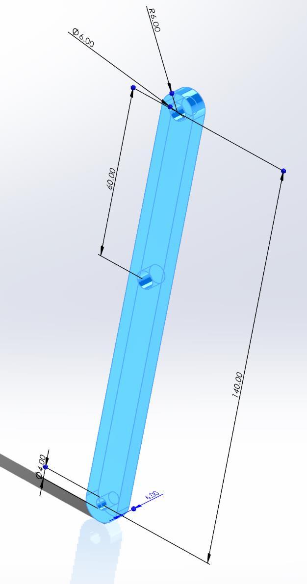 A detailed CAD model of a link with precise dimensions used to define its kinematic role within the multi-stage mechanism.