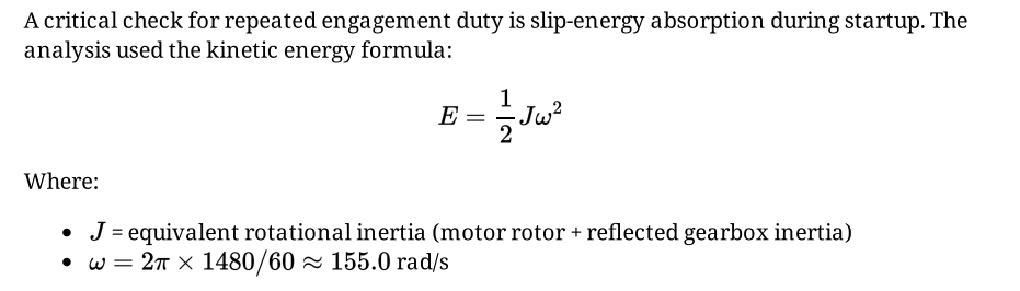 This formula calculates the slip-energy absorption during startup to ensure the electromagnetic clutch can handle the high torque of repeated engagement cycles.