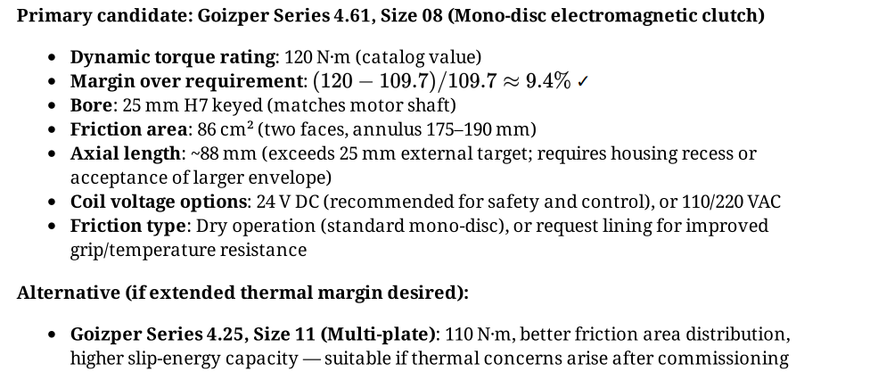Selection criteria and technical specification sheet for the Goizper electromagnetic clutch, confirming the required dynamic torque rating and safety margin.