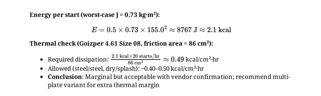 Thermal analysis and energy calculation for the Goizper electromagnetic clutch to ensure it meets required dissipation standards for industrial operation.