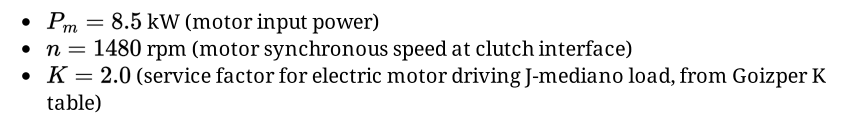 This technical data sheet specifies the motor input power, synchronous speed, and the Goizper service factor used to validate the system's safety margins.