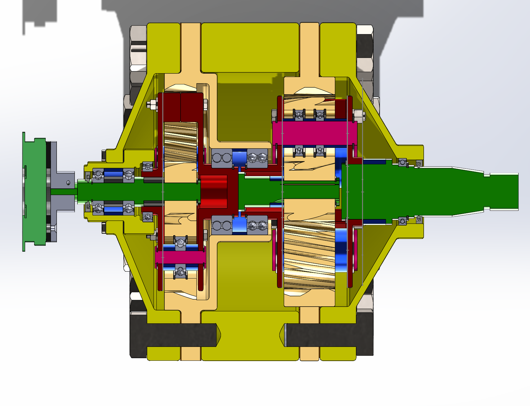 A detailed cross-sectional CAD model illustrating the internal geometry and assembly of the two-stage planetary gear train.