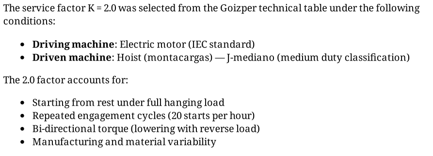 This technical excerpt details the derivation of the K=2.0 service factor from Goizper tables, accounting for high-torque starts and repetitive duty cycles in hoist applications.