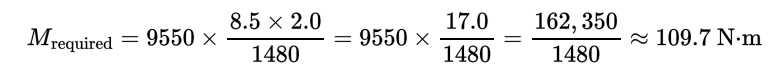 This calculation demonstrates the derivation of the required torque ($M_{required}$) using specific load factors and safety margins to validate the electromagnetic clutch selection.