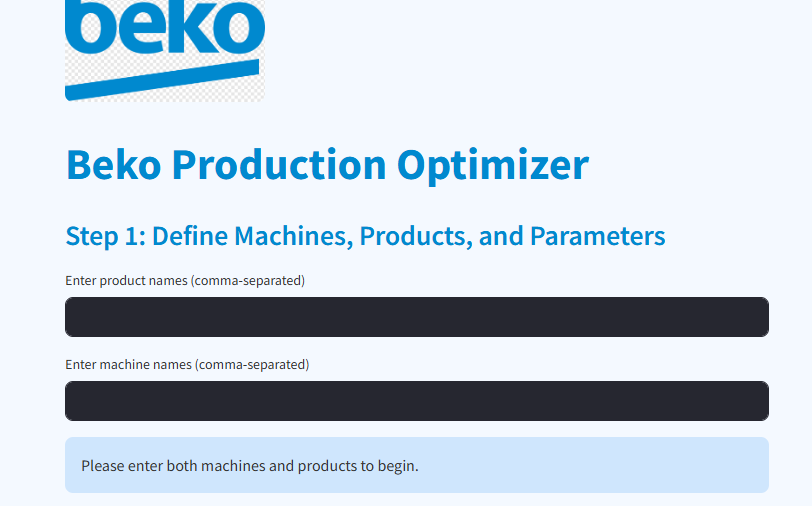 The Streamlit-powered interface provides a user-friendly entry point for inputting production parameters before they are processed by the underlying ILP model.