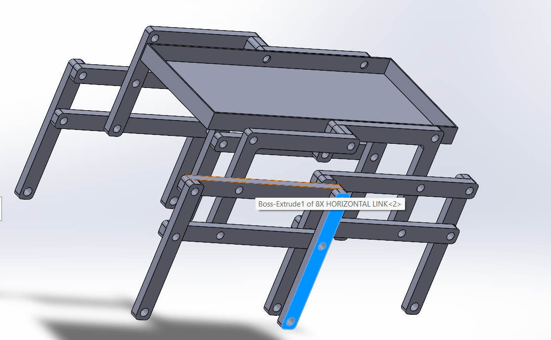 A SolidWorks assembly view highlighting the modular link components used to construct the chassis' structural frame.