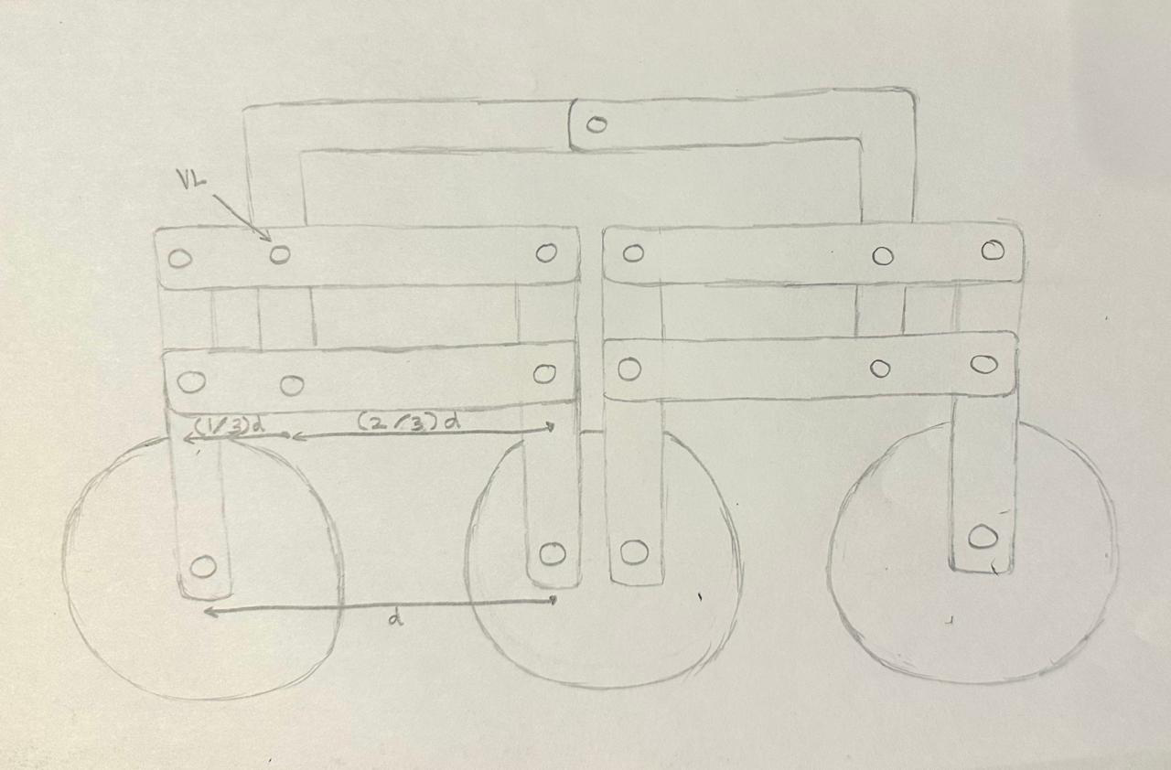 A technical schematic illustrating the geometric proportions and structural assembly of the chassis's multi-link frame system.