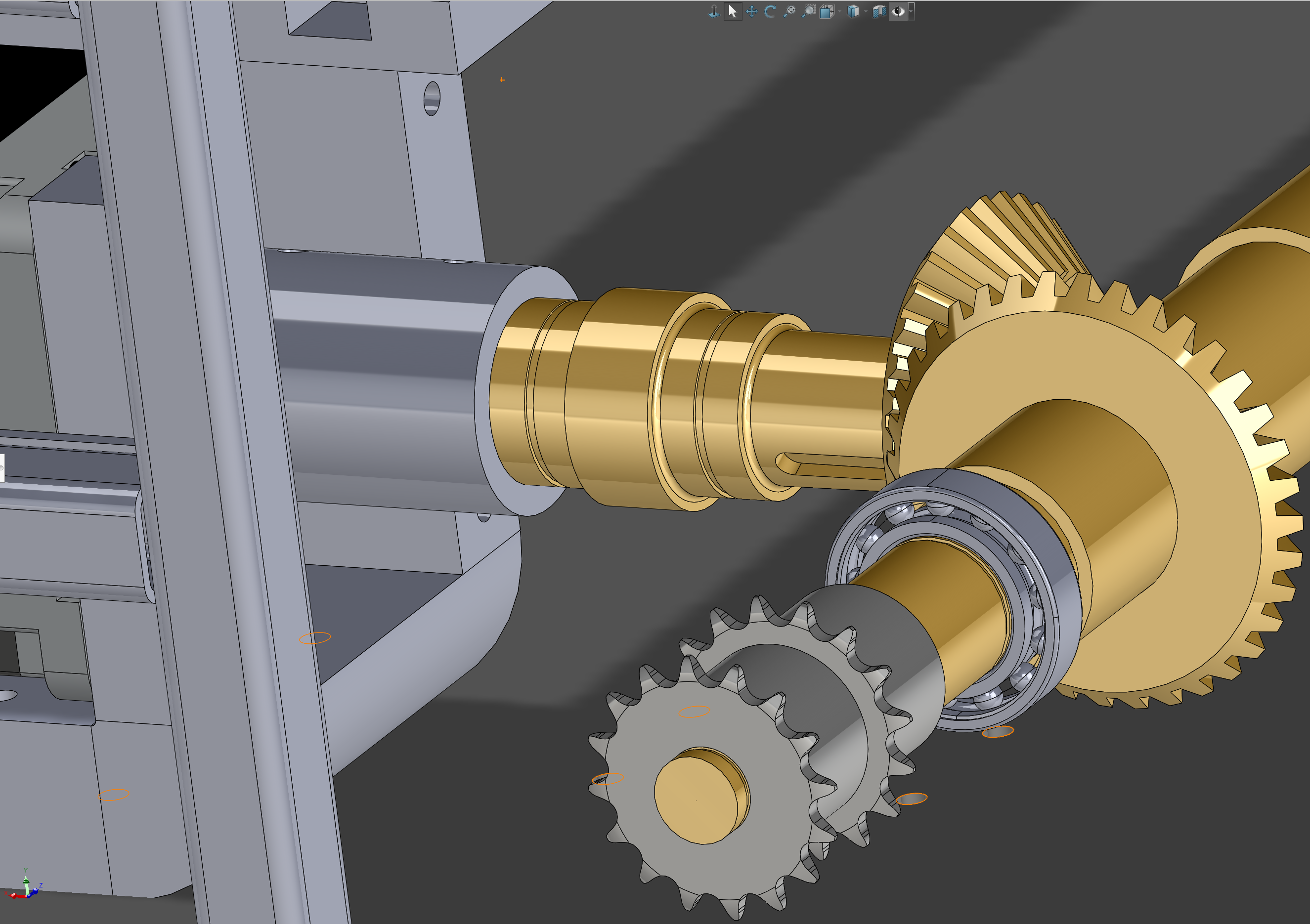 CAD rendering of the gear train and shaft assembly for the lift and extraction systems.