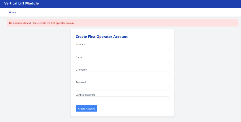 User administration interface for registering operators and access permissions.