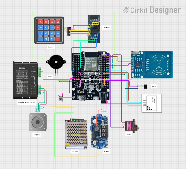 Wiring schema linking the ESP32, RFID module, motor drivers, and power management converters.